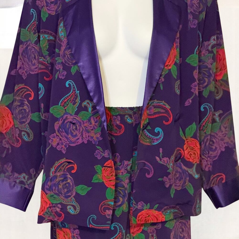 Vintage 80s Victoria’s Secret Purple Satin Pajama Lounge Set Sz L Paisley Floral - Picture 5 of 6